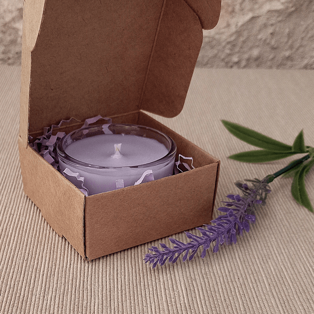 A cute little Lulu Lavender Soy Wax and Lavender votive candle in glass