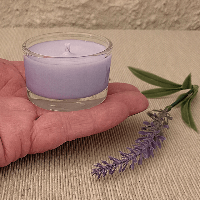 A cute little Lulu Lavender Soy Wax and Lavender votive candle in glass